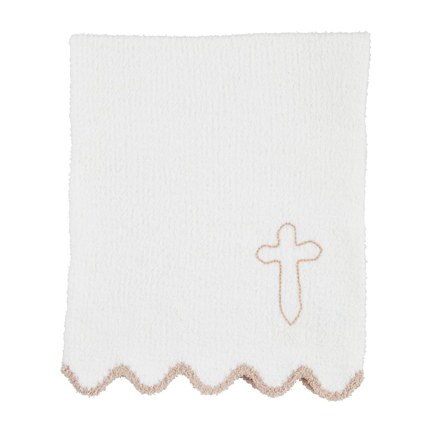A white chenille blanket with scallop trim and a hand-stitched embroidered cross in the corner.