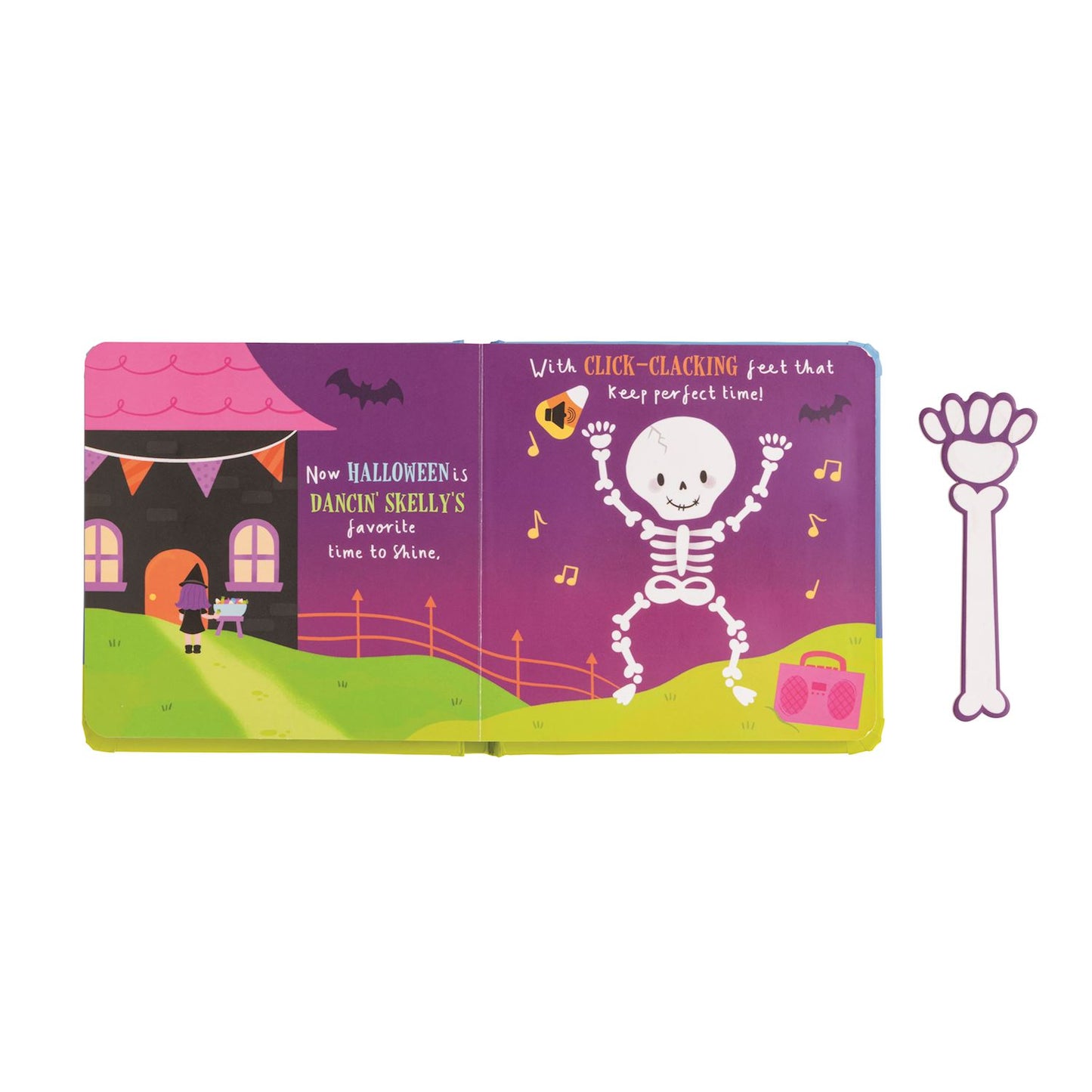 Children's book with Halloween theme featuring a skeleton and a bone on a white background