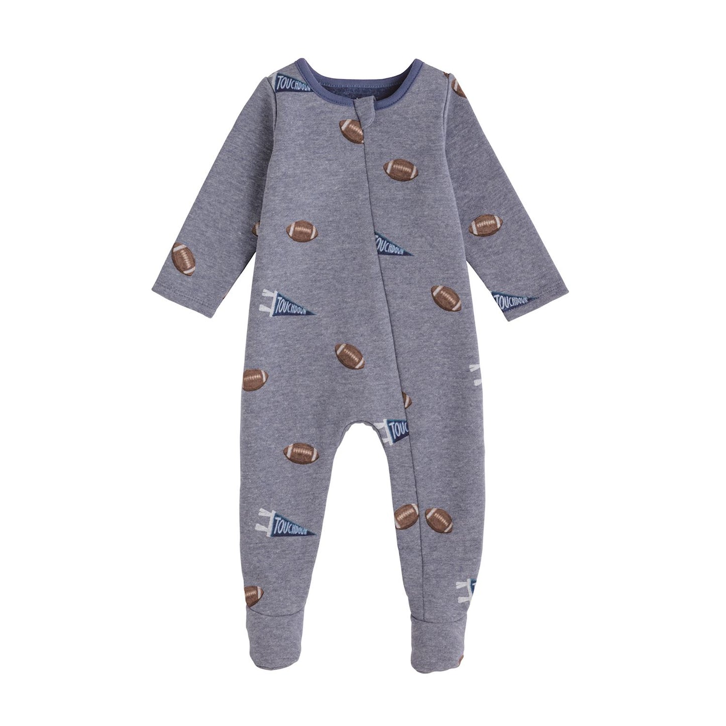 Gray baby onesie with footballs and pennant design