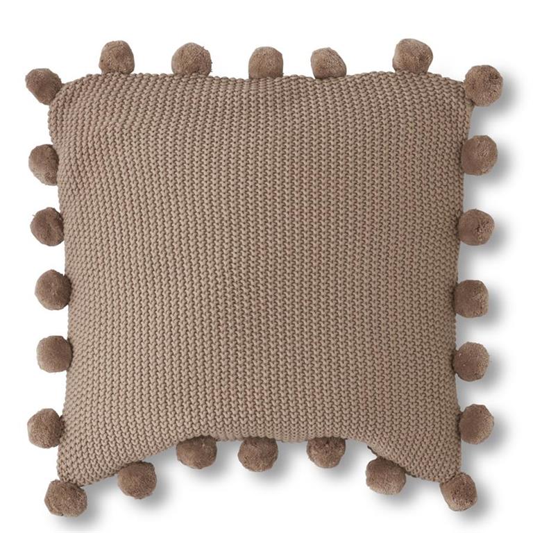 Moss Stitch Knit Pillow w/ Pompom Trim Brown