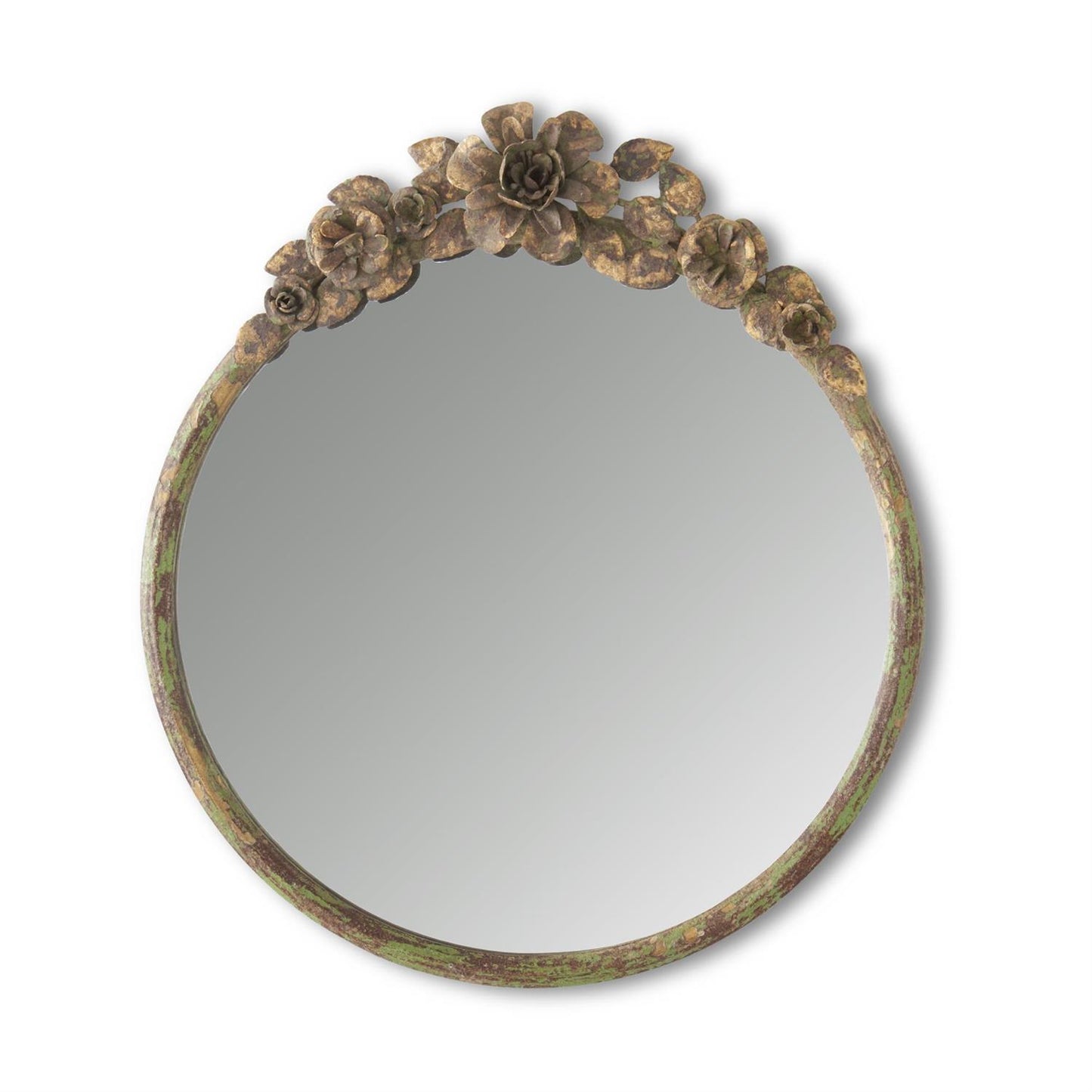 Rustic Metal Flower Topped Green & Gold Mirror
