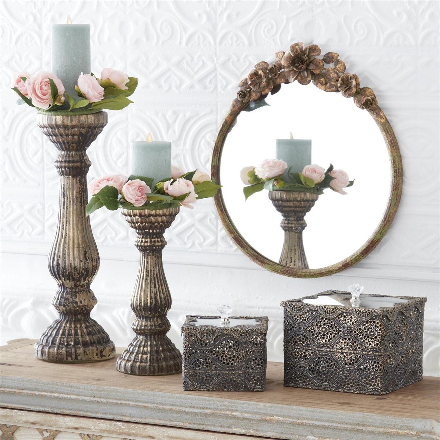 Rustic Metal Flower Topped Green & Gold Mirror