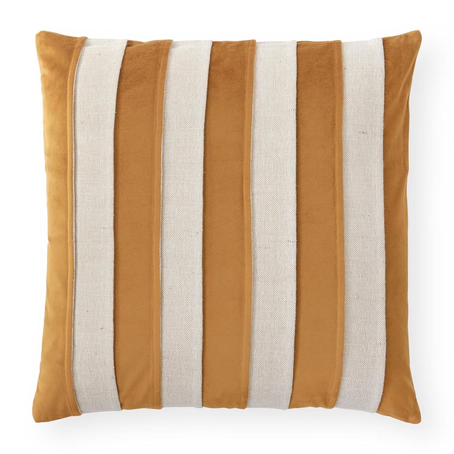 Striped pillow with mustard and beige vertical stripes on a white background