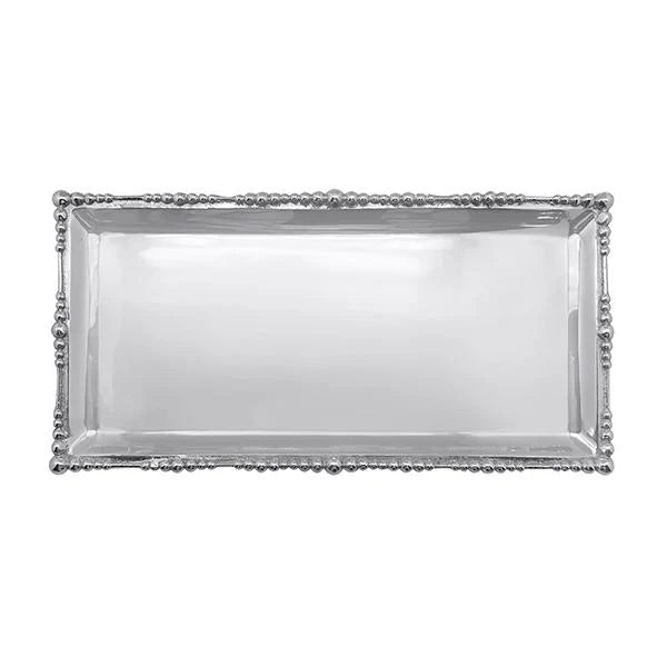 Silver rectangular tray with a pearled edge made from recycled aluminum.