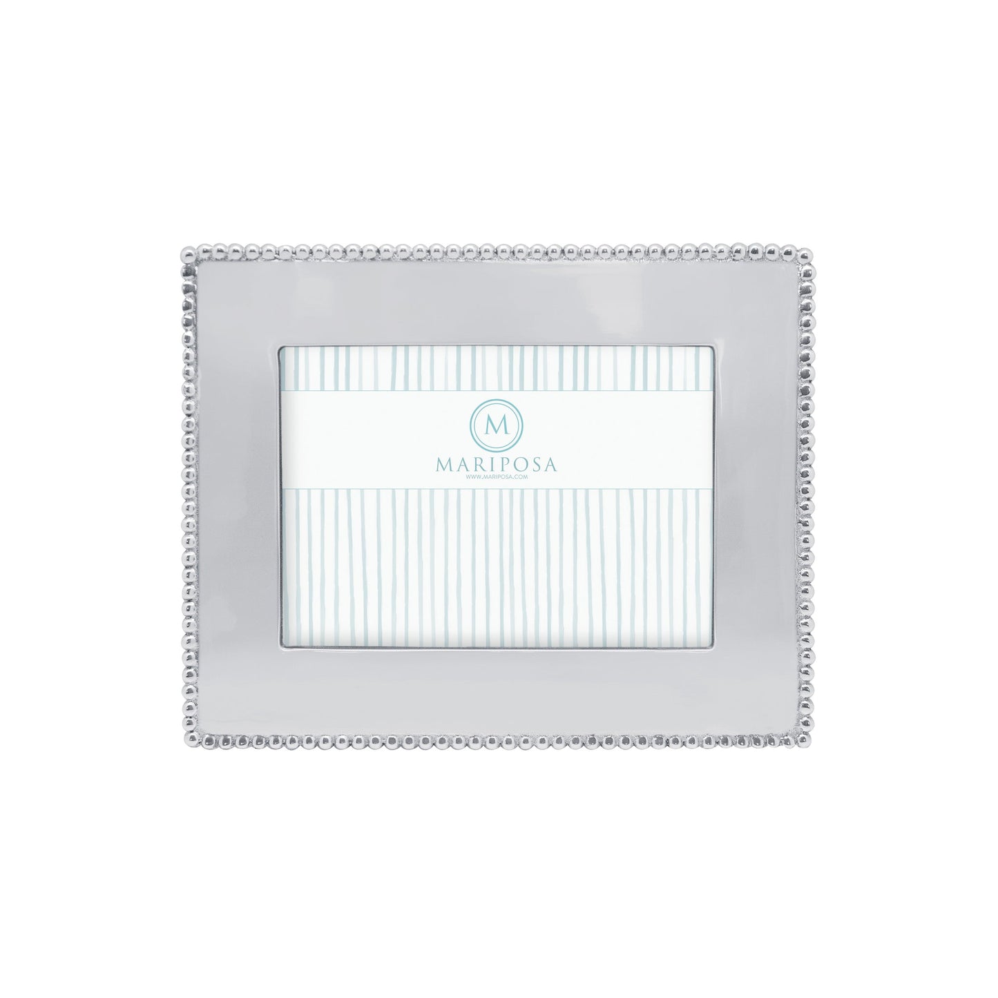 A silver-colored metal picture frame with beaded detailing around the edges, branded with 'Mariposa'.