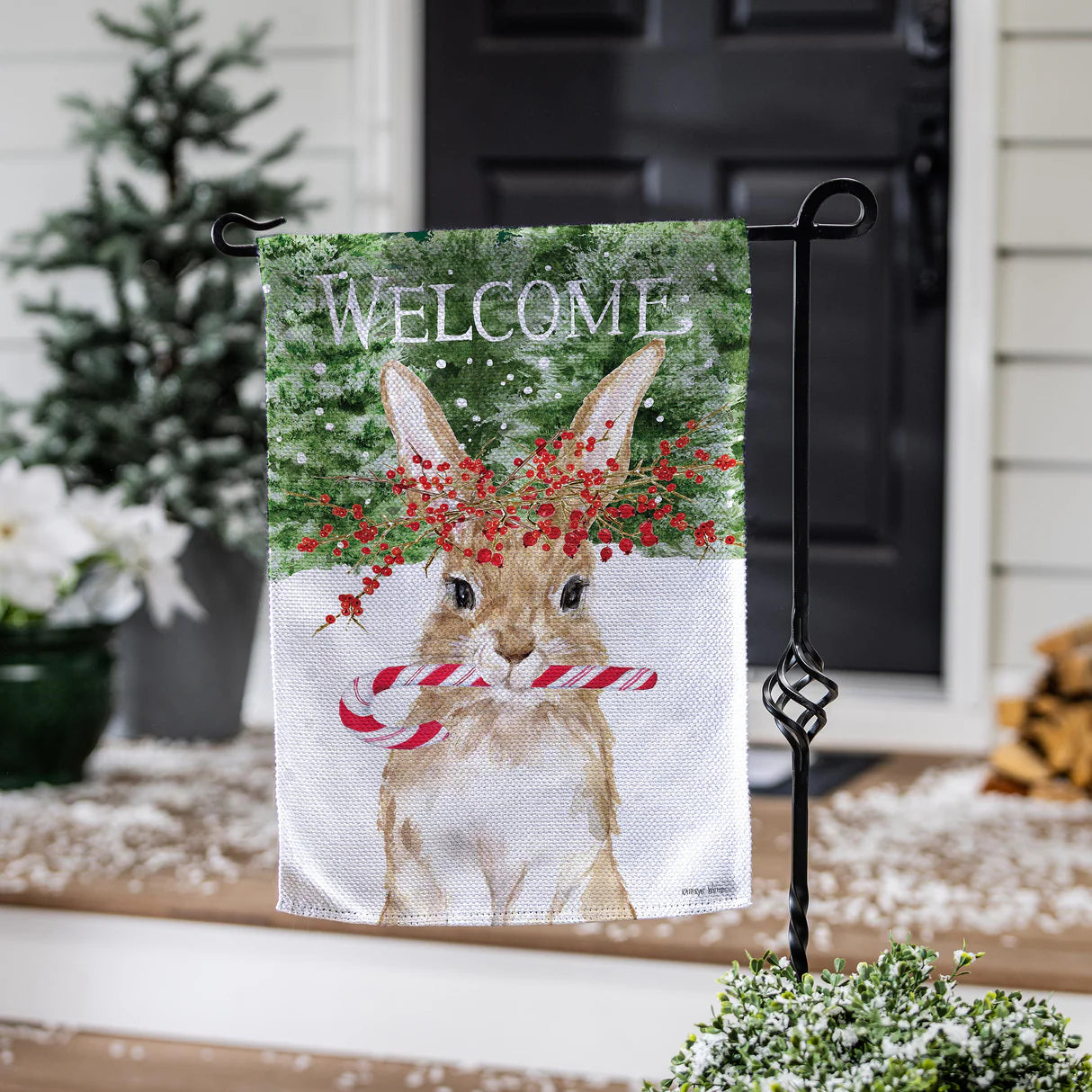 Candy Cane Rabbit Burlap Garden Flag