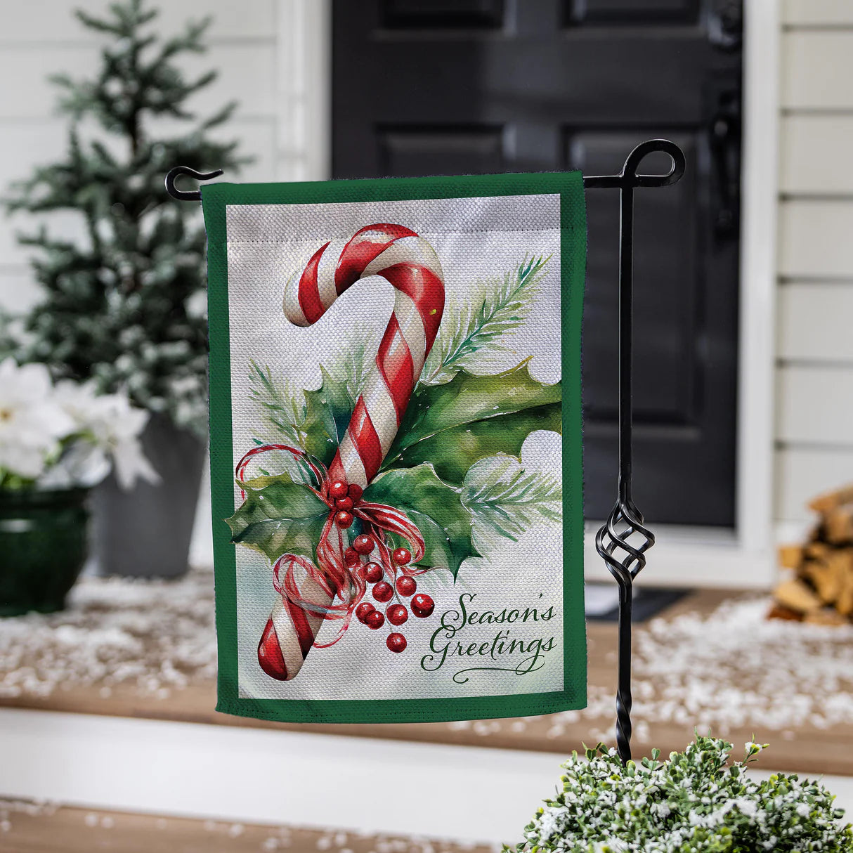 Seasons Greetings Candy Cane Burlap Garden Flag