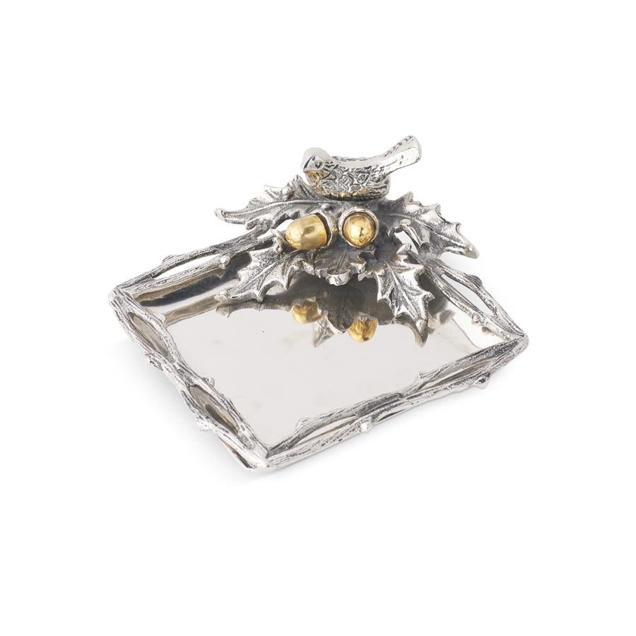 Square Silver Tray with Bird and Oak Leaves