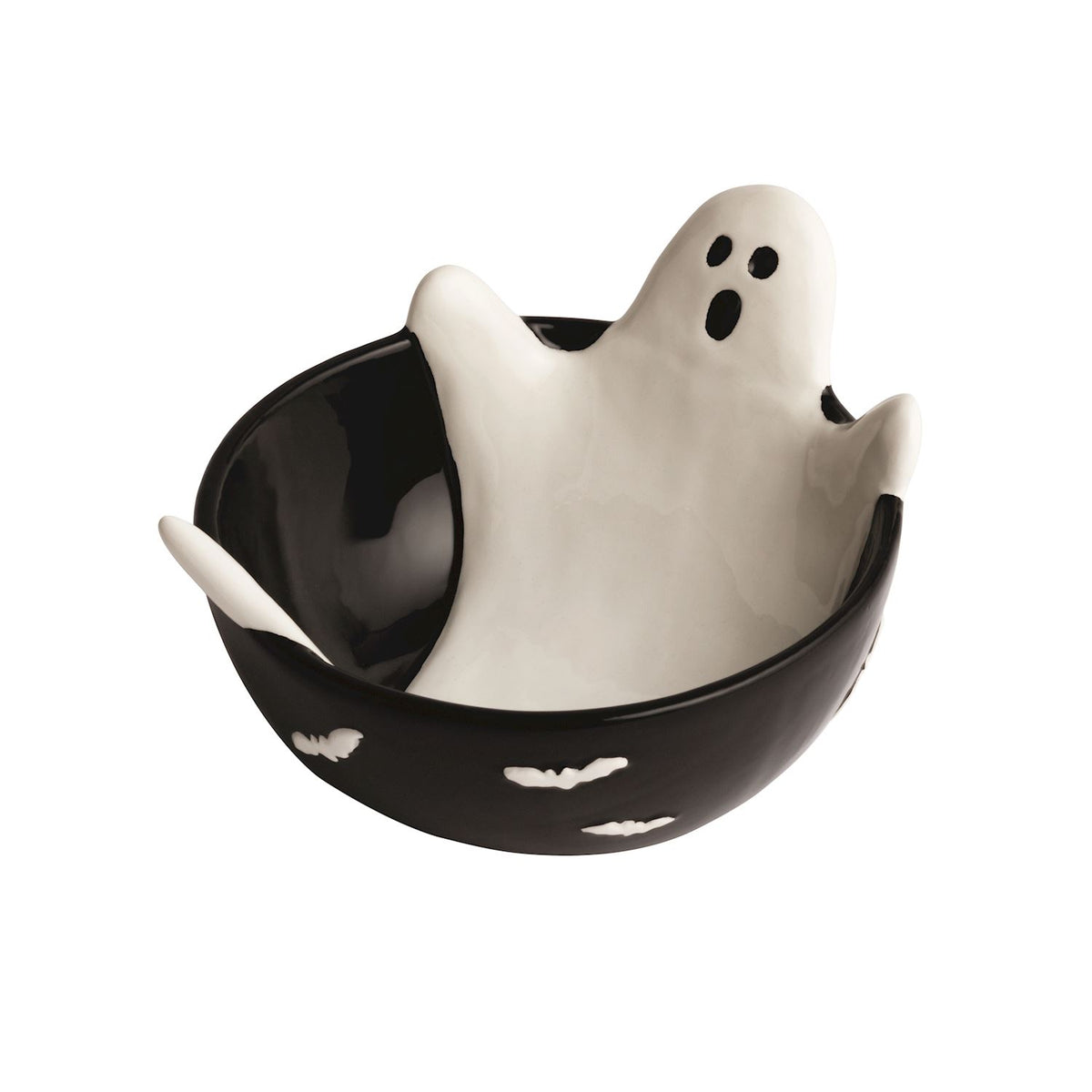 Black ceramic 3 dimensional bowl with a white ghost lounging in the bowl