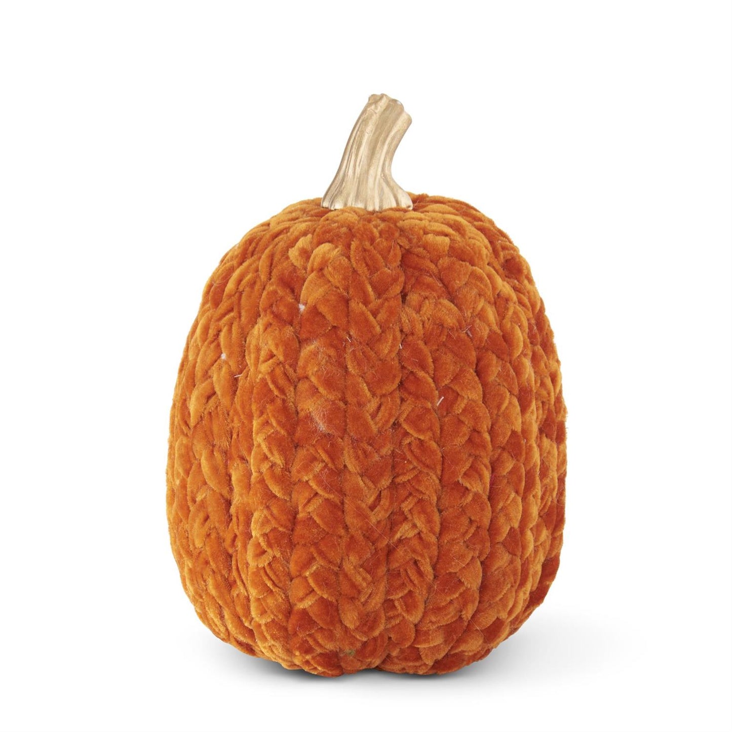 Decorative orange pumpkin with braided texture and a beige stem