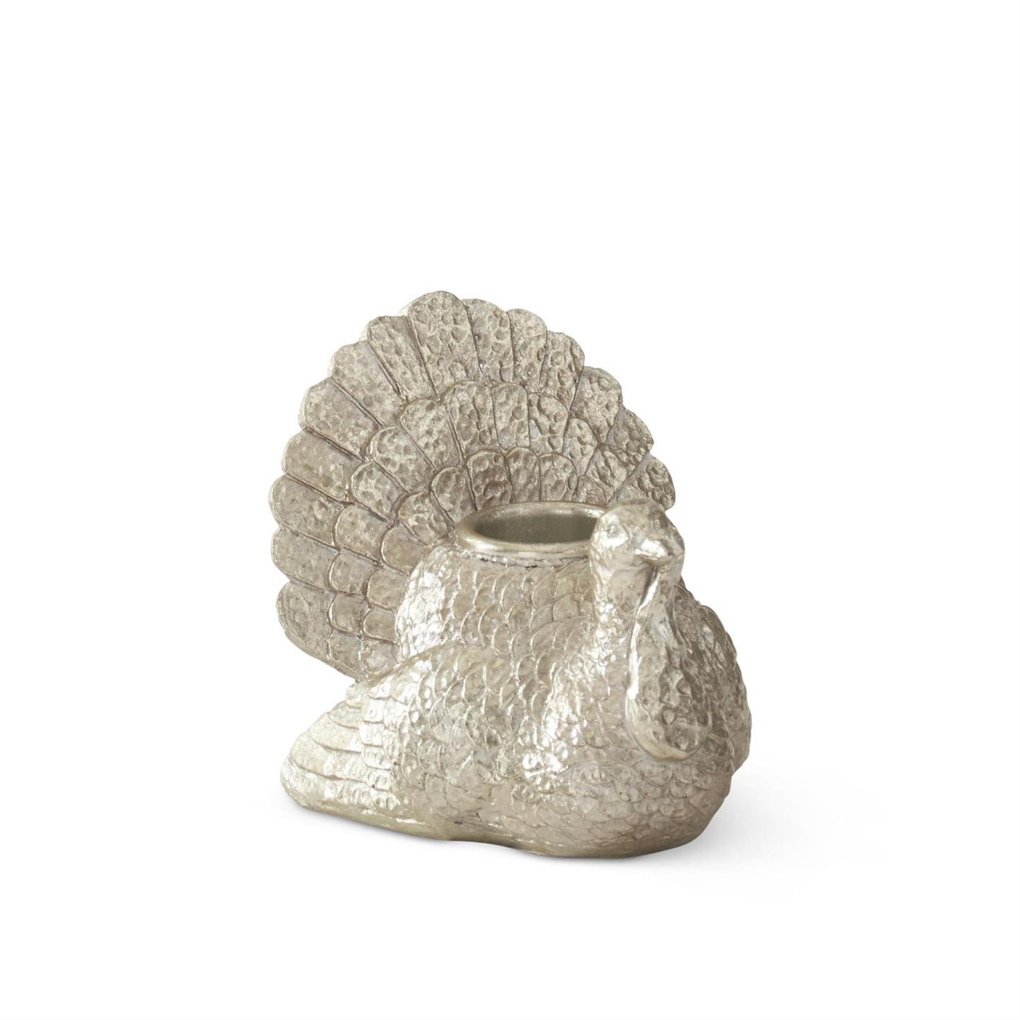 Silver turkey-shaped candle holder on a white background