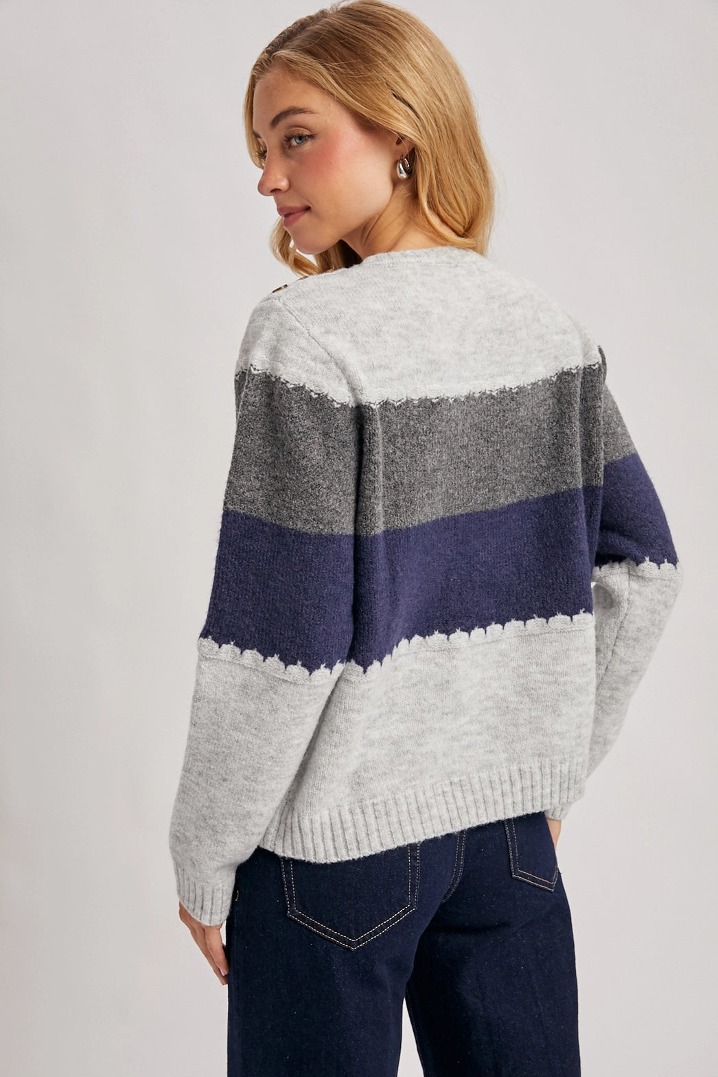 Color Block Grey Combo Brushed Texture Knit Sweater M/L