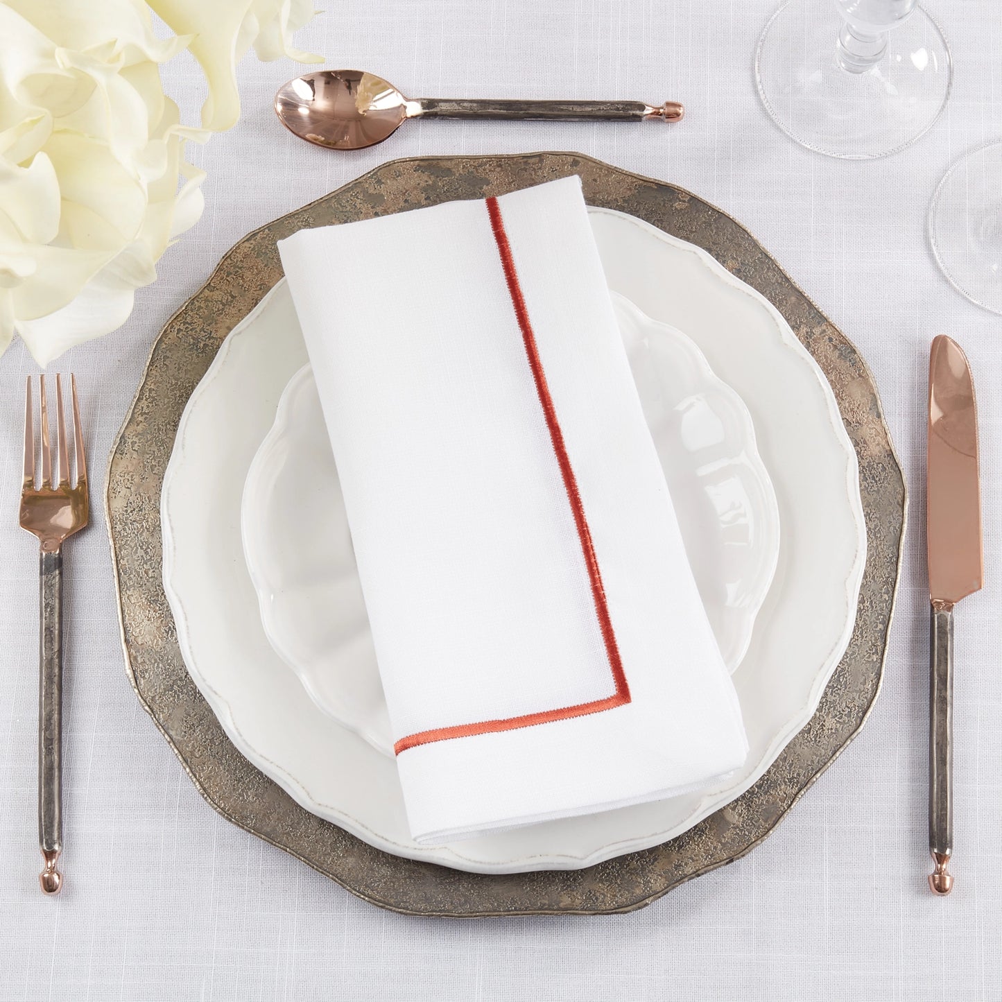 Saro Embroidered Line Design Napkin Rust