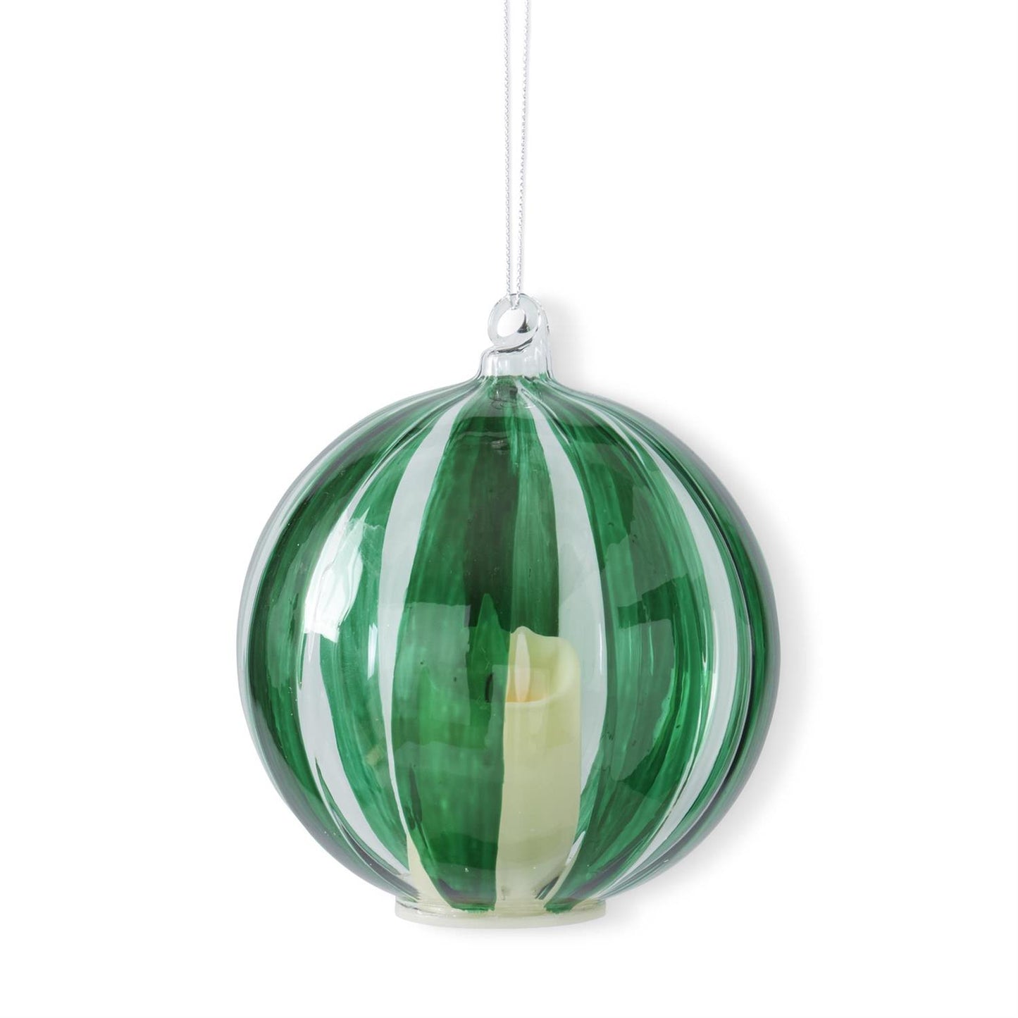 Hand Painted Green Stripe on Clear Glass LED Ornament w/Timer