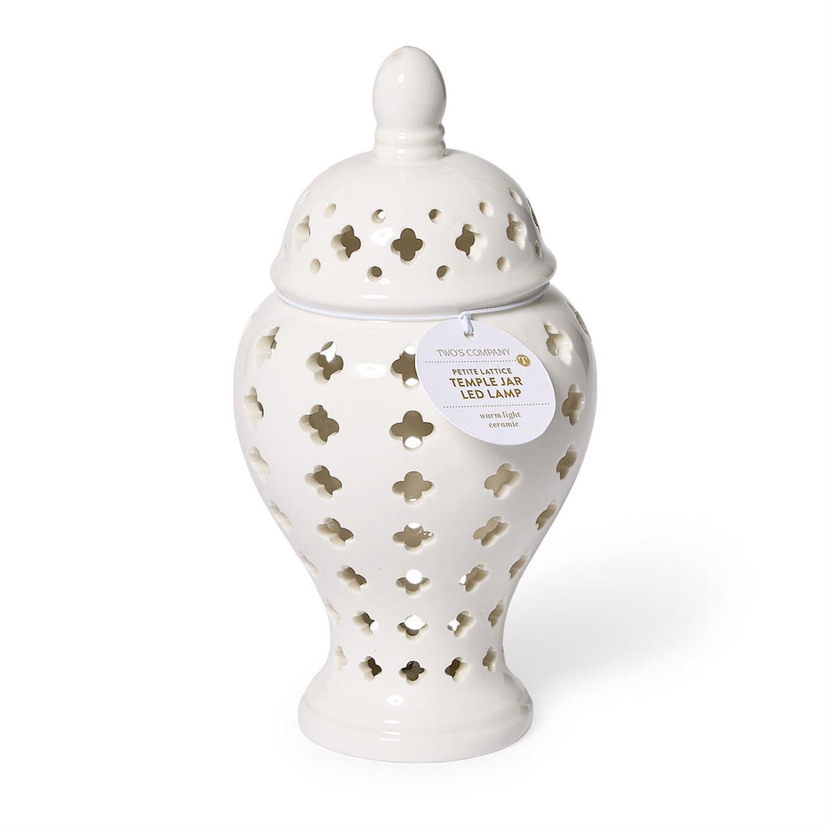 White temple jar with cut-out patterns on a white background
