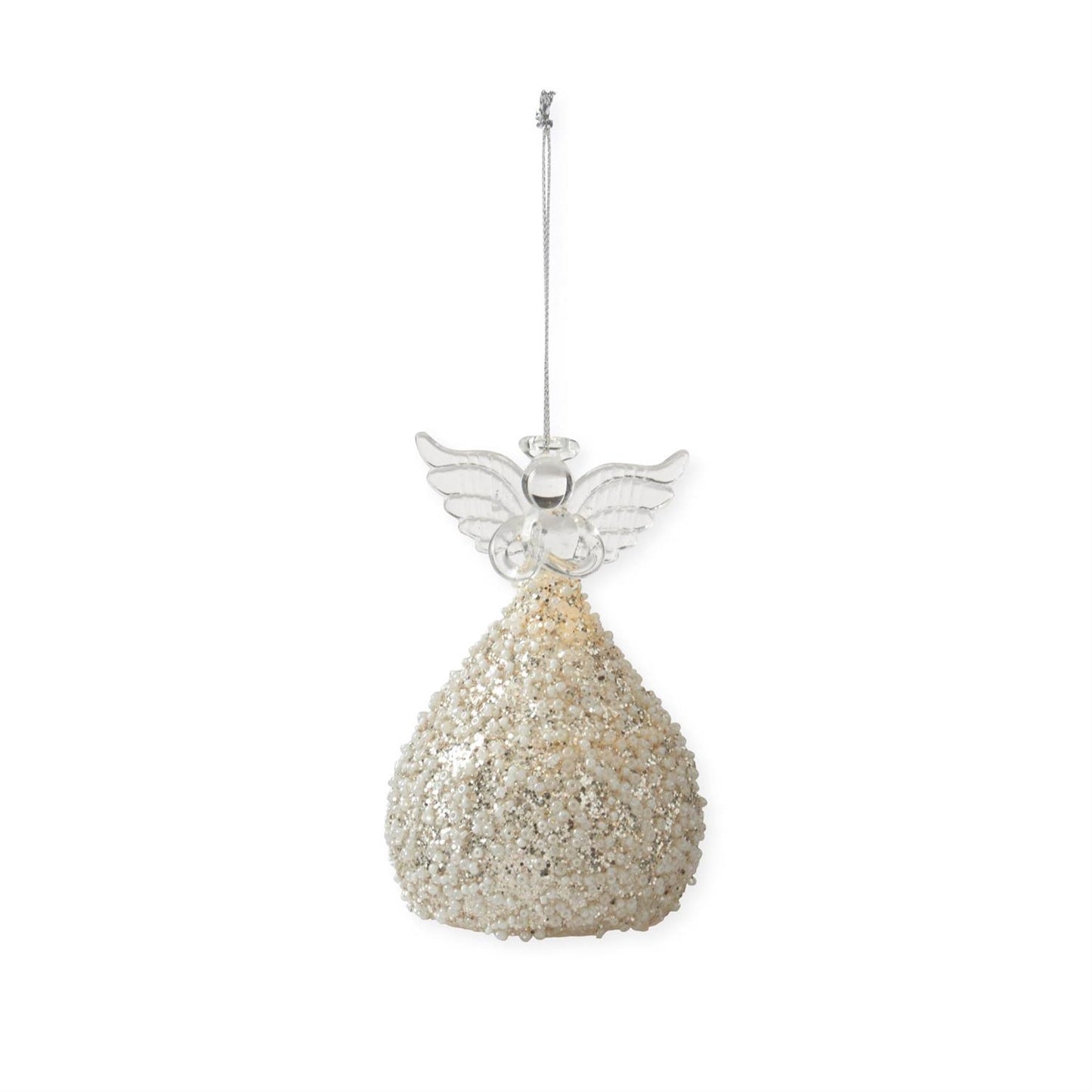 Gold Glitter & White Seed Bead LED Angel Ornament w/Timer Small