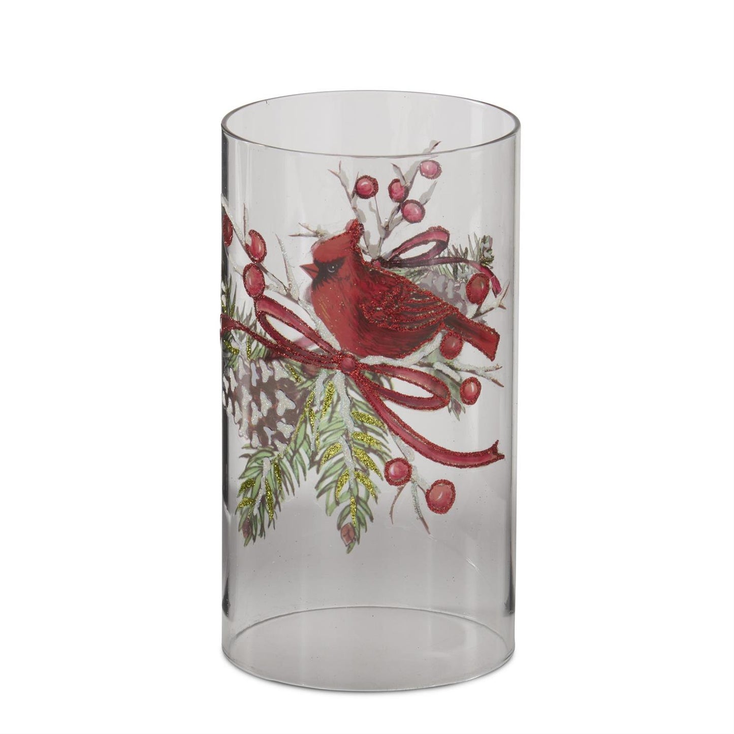 Clear Glass Cardinal & Pinecone Candle Slip Cover