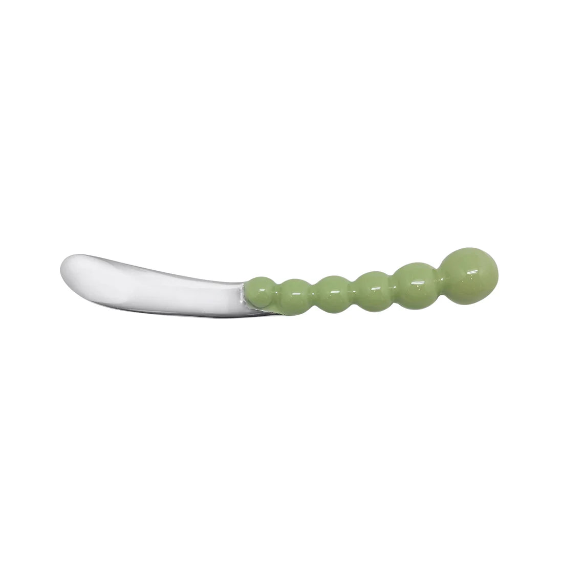 silver spreader with a green beaded handle