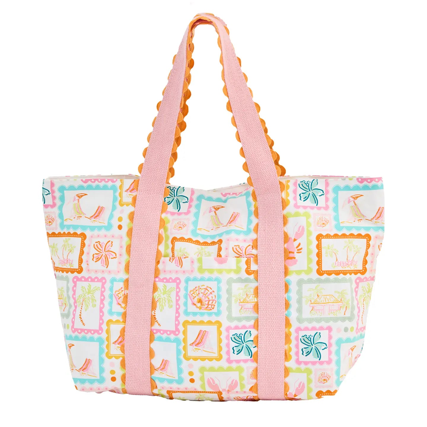 Colorful patterned tote bag with pink handles and a tropical print
