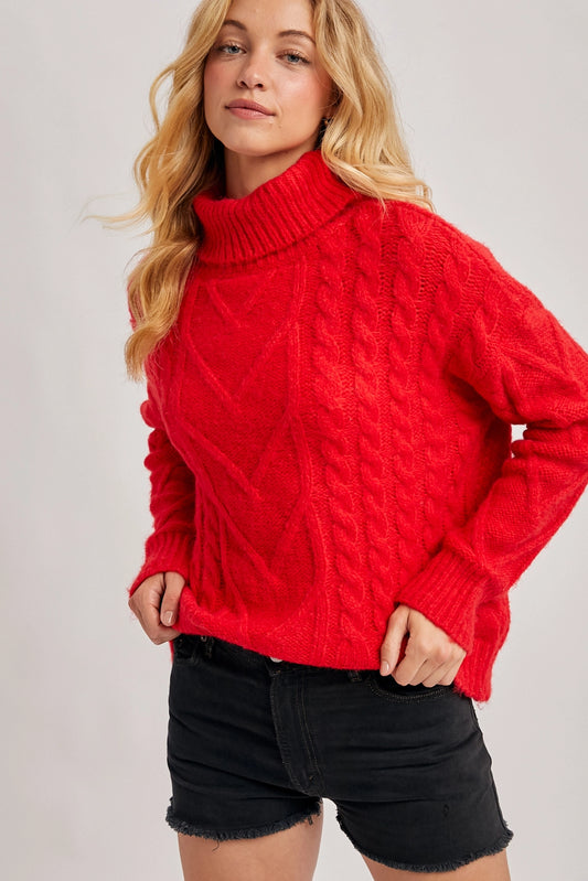 Ruby Turtleneck Cable Knit Scallop Hem Sweater M/L