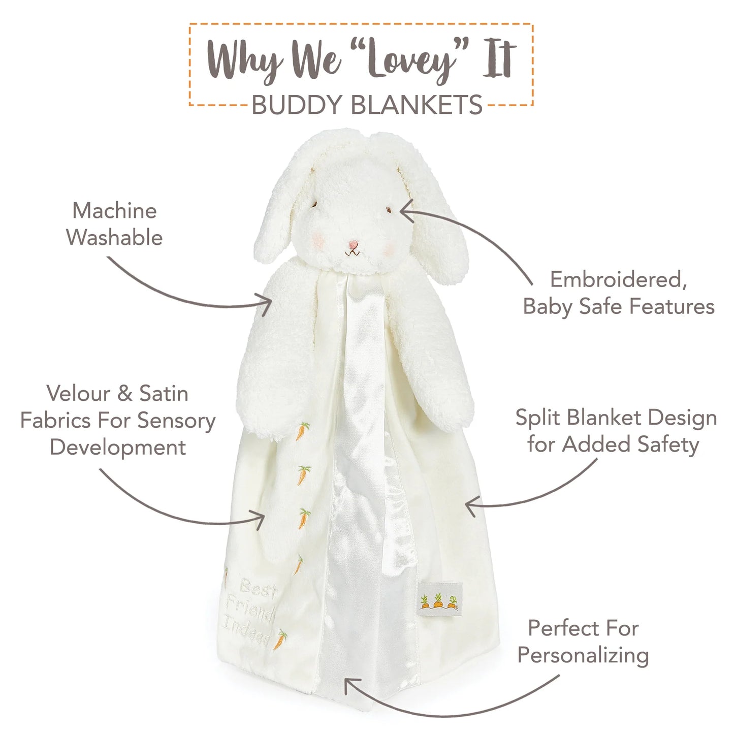 Why we lovey it buddy blankets with white rabbit blanket