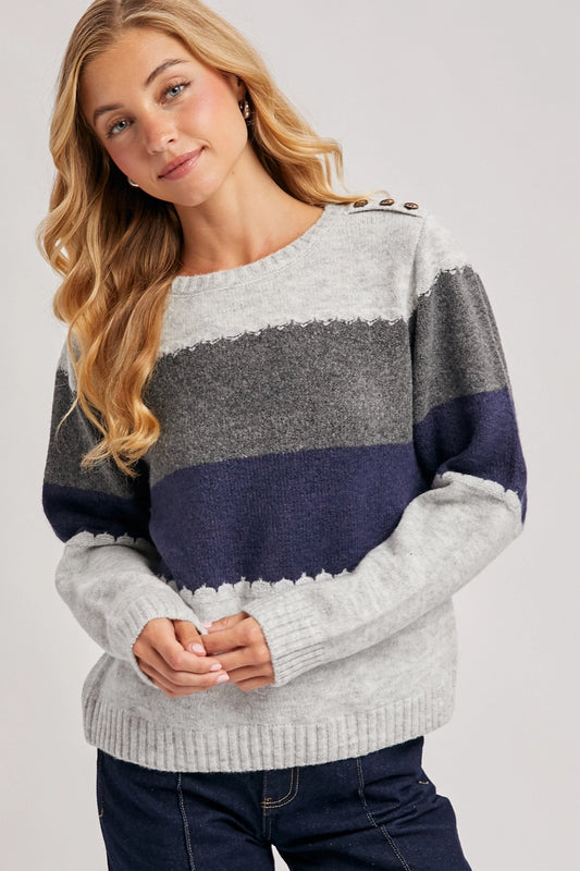 Color Block Grey Combo Brushed Texture Knit Sweater M/L