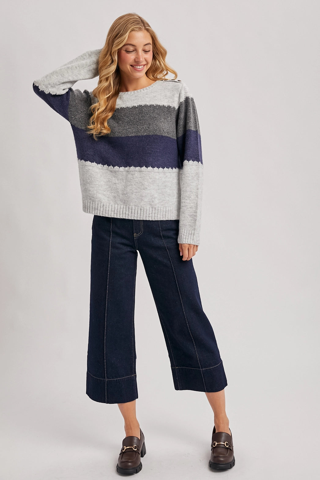 Color Block Grey Combo Brushed Texture Knit Sweater M/L
