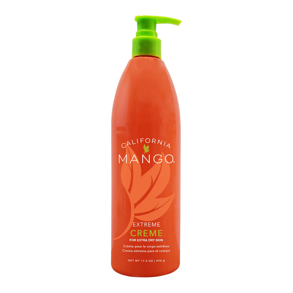 Orange bottle of California Mango Extreme Creme with a green pump on a white background