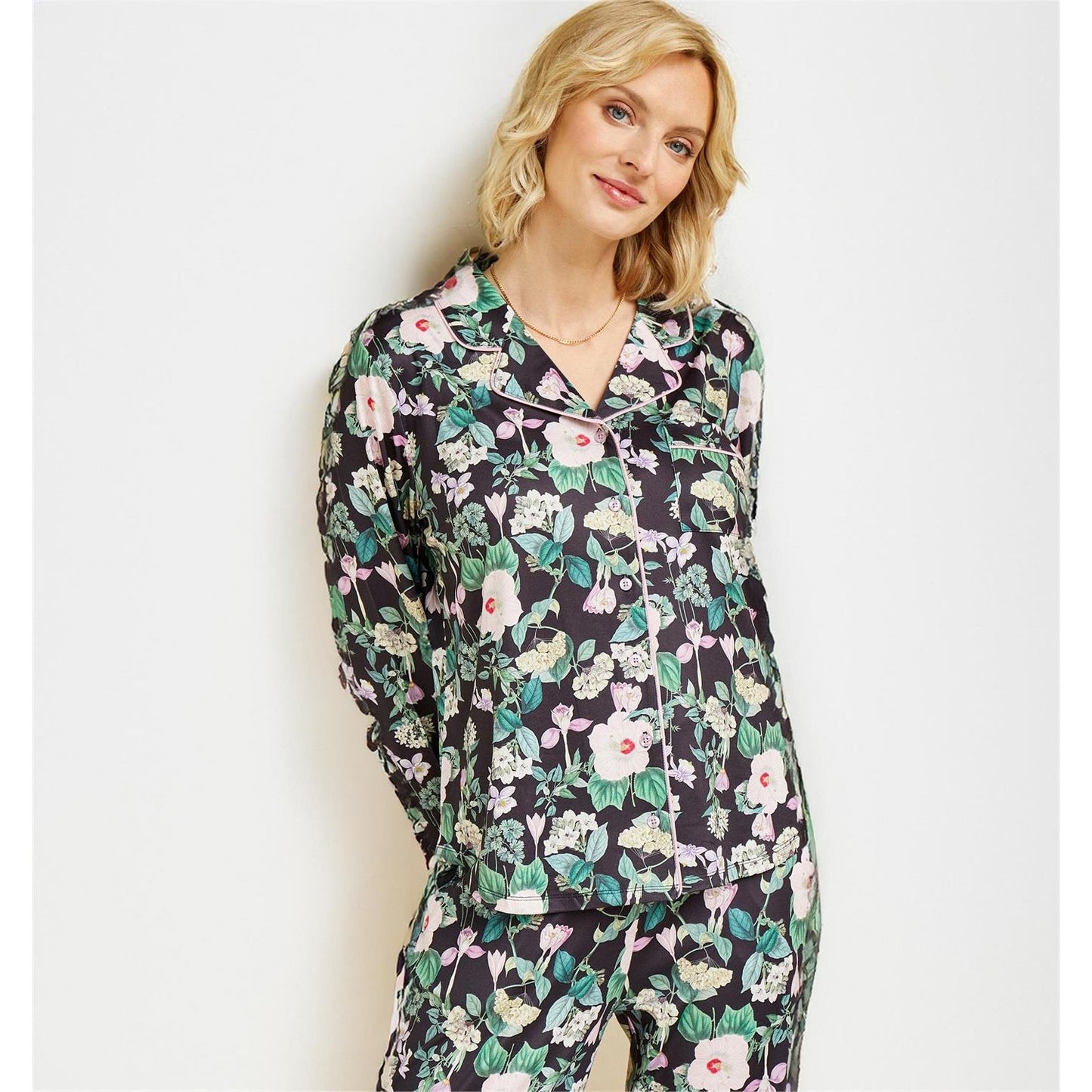 Charlie Paige Midnight Floral Print Pajama Button Up Shirt and Pant Set