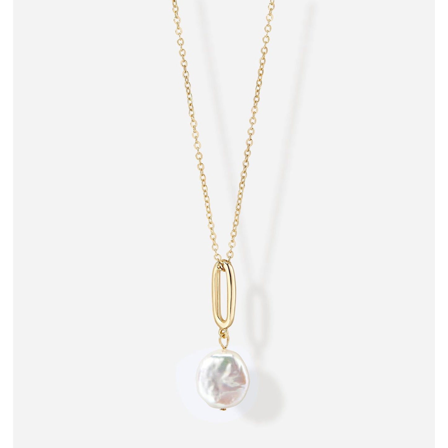 Charlie Paige Pearl Drop Gold Necklace with a pearl pendant on a white background
