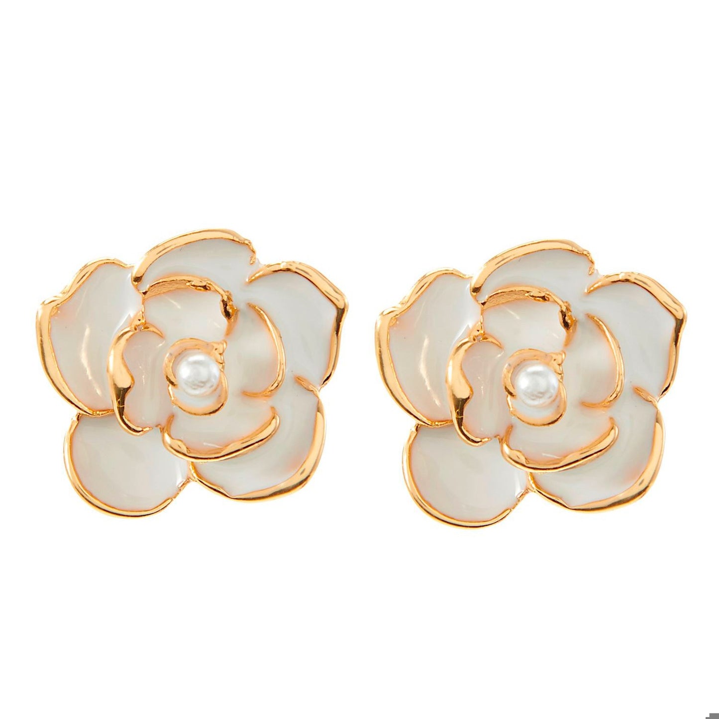 Pair of flower-shaped Charlie PAige rose pearl earrings with gold accents on a white background