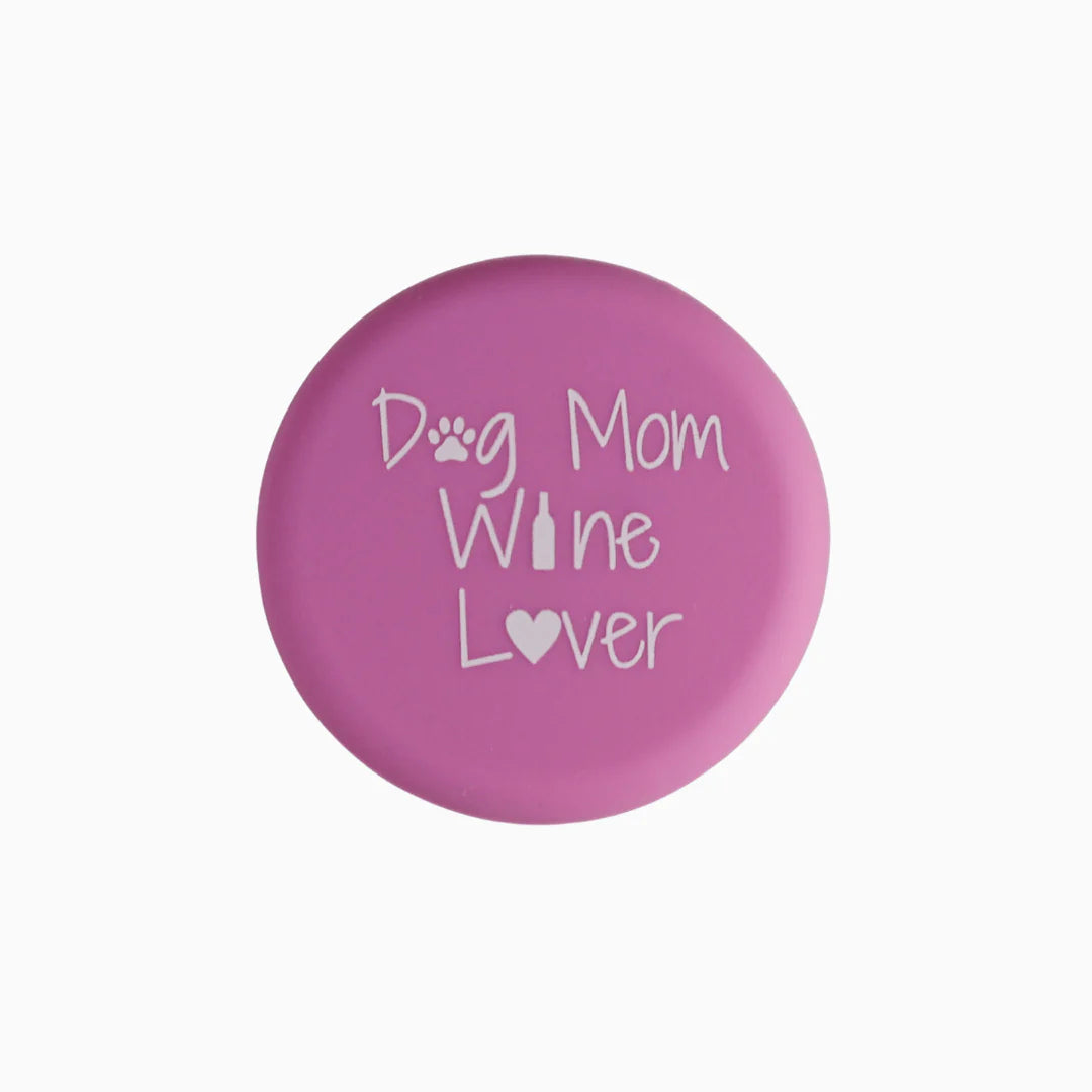 Pink wine bottle cap with 'Dog Mom Wine Lover' text