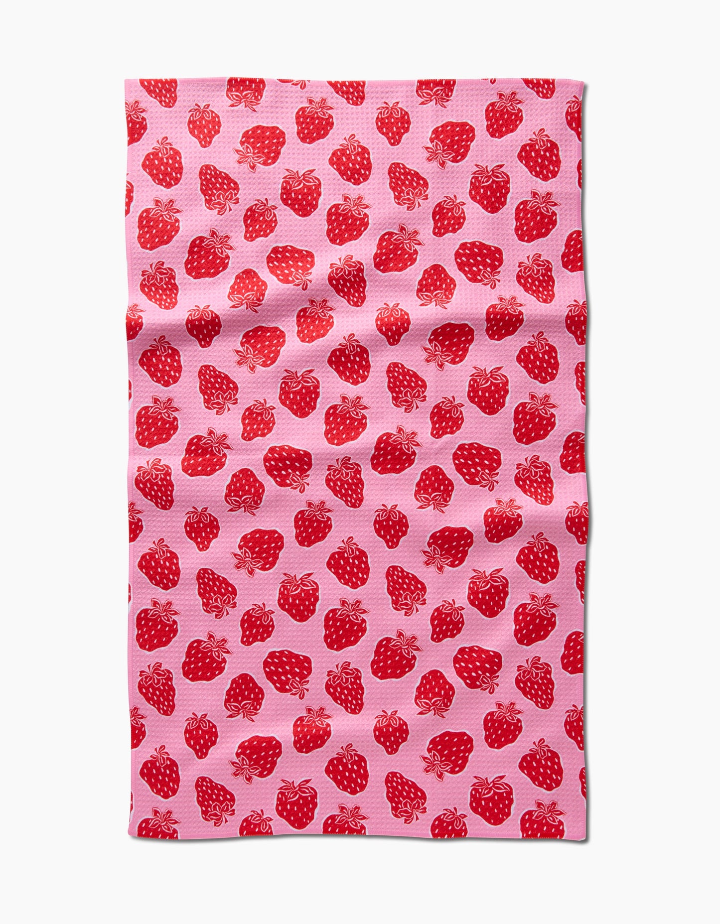 geometry, geoweave, kitchen towel, dish cloth, dishcloth, kitchen, tea towel, cleaning, pink towel, woven, red strawberries, strawberry fields,