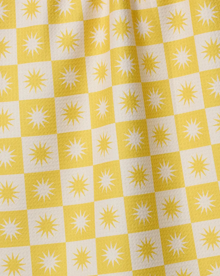 Geometry Sundial Checkerboard tea towel with Yellow and white checkered fabric with sun patterns
