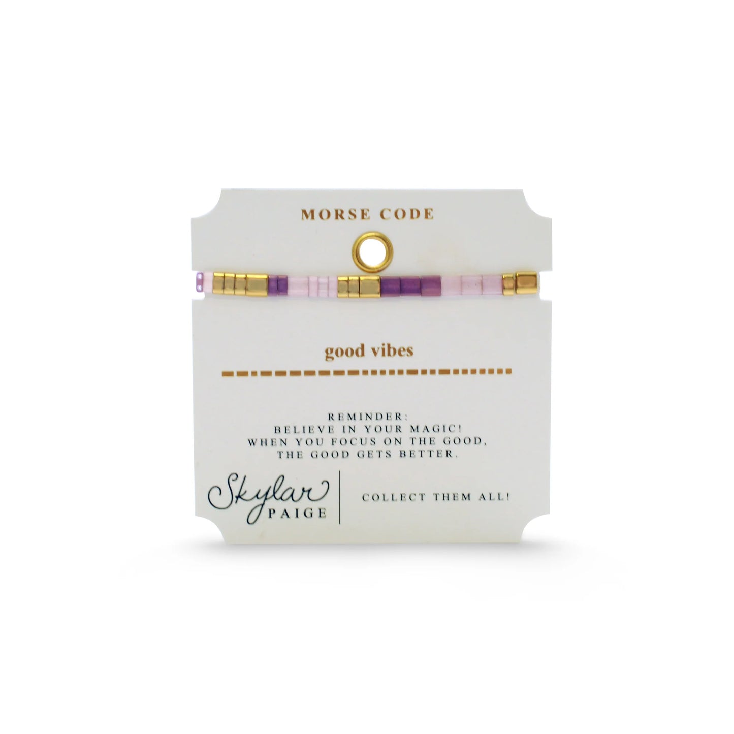 Skylar Paige Morse Code bracelet packaging with pink and gold beads and the text good vibes