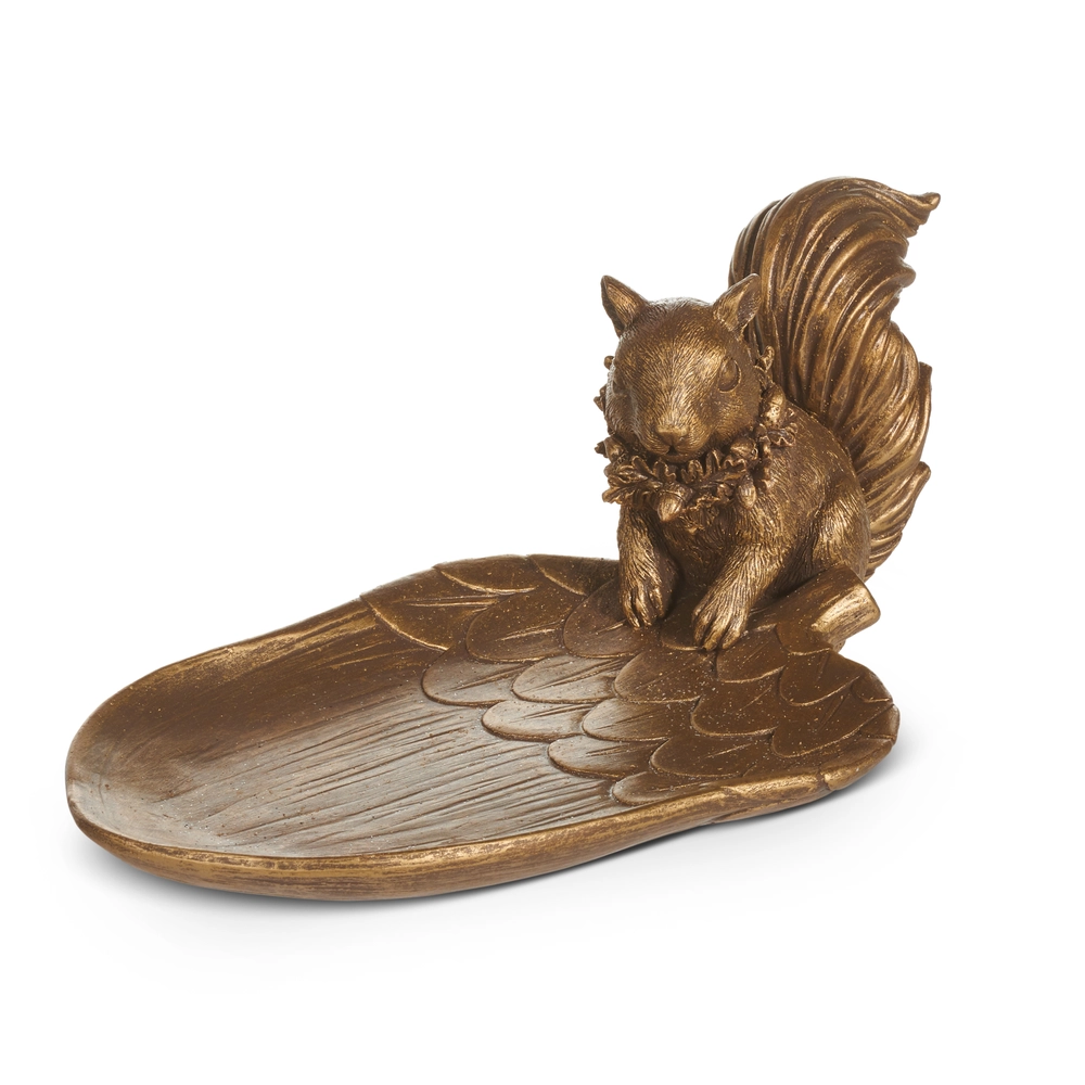 Bronze squirrel figurine on a leaf-shaped base against a white background