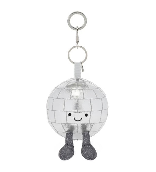 A silver disco ball keychain charm with a cute smiling face and glittery dark gray feet, attached to a silver metal key ring on a plain white background.