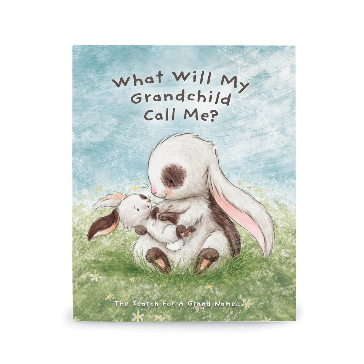 Illustration of a book cover with the title 'What Will My Grandchild Call Me?' showing two bunnies and a baby bunny in a grassy field with a blue sky in the background.
