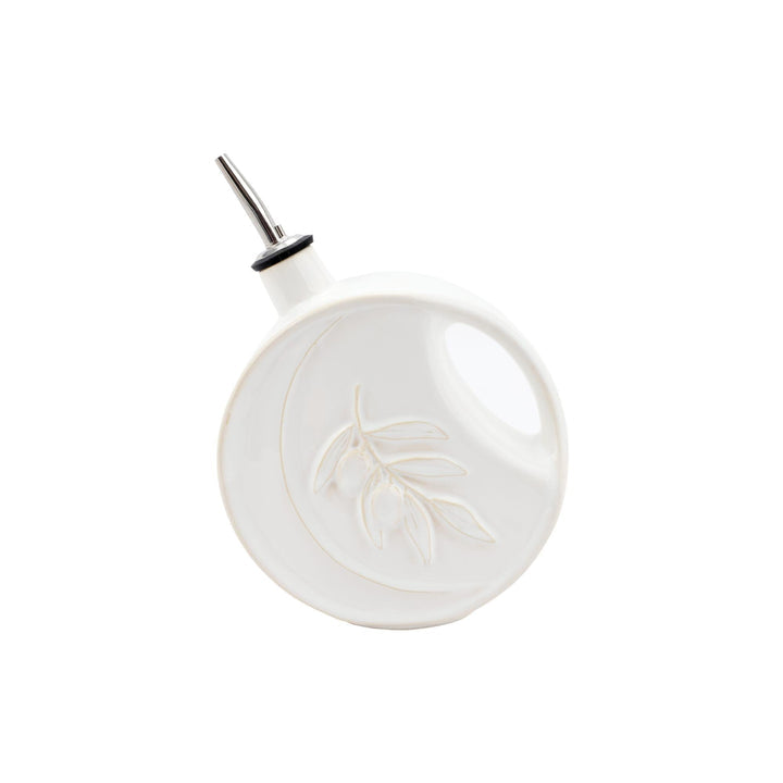 White ceramic olive oil dispenser featuring an embossed olive leave with a pour spout