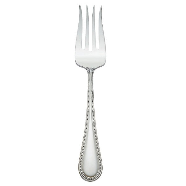 A silver buffet fork with curved prongs and a beaded handle.