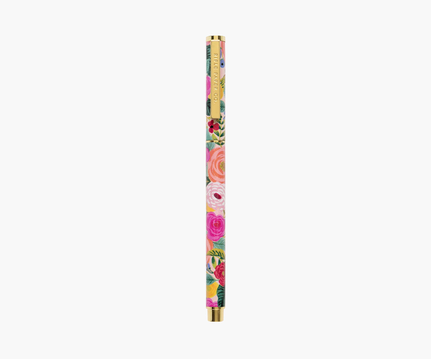 A multicolored floral patterned rollerball writing pen with brass accents.
