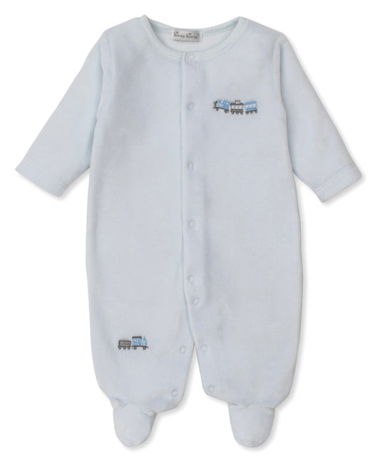Kissy Kissy Roundabout Railroad Velour Footie Blue 6-9m