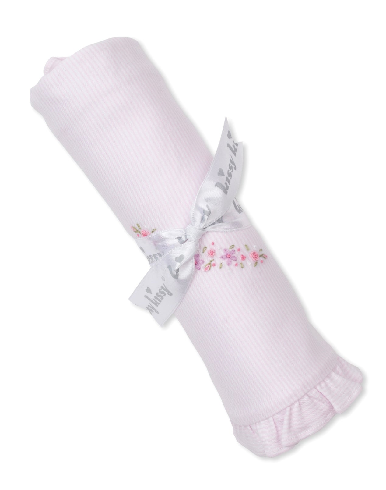 Kissy Kissy Knit Blanket w/Hand Embroider Pink Stripe