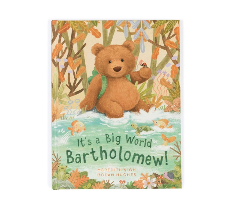 Children's hardback book cover featuring an illustration of a brown teddy bear with a green scarf, surrounded by a nature-themed background with trees and leaves.