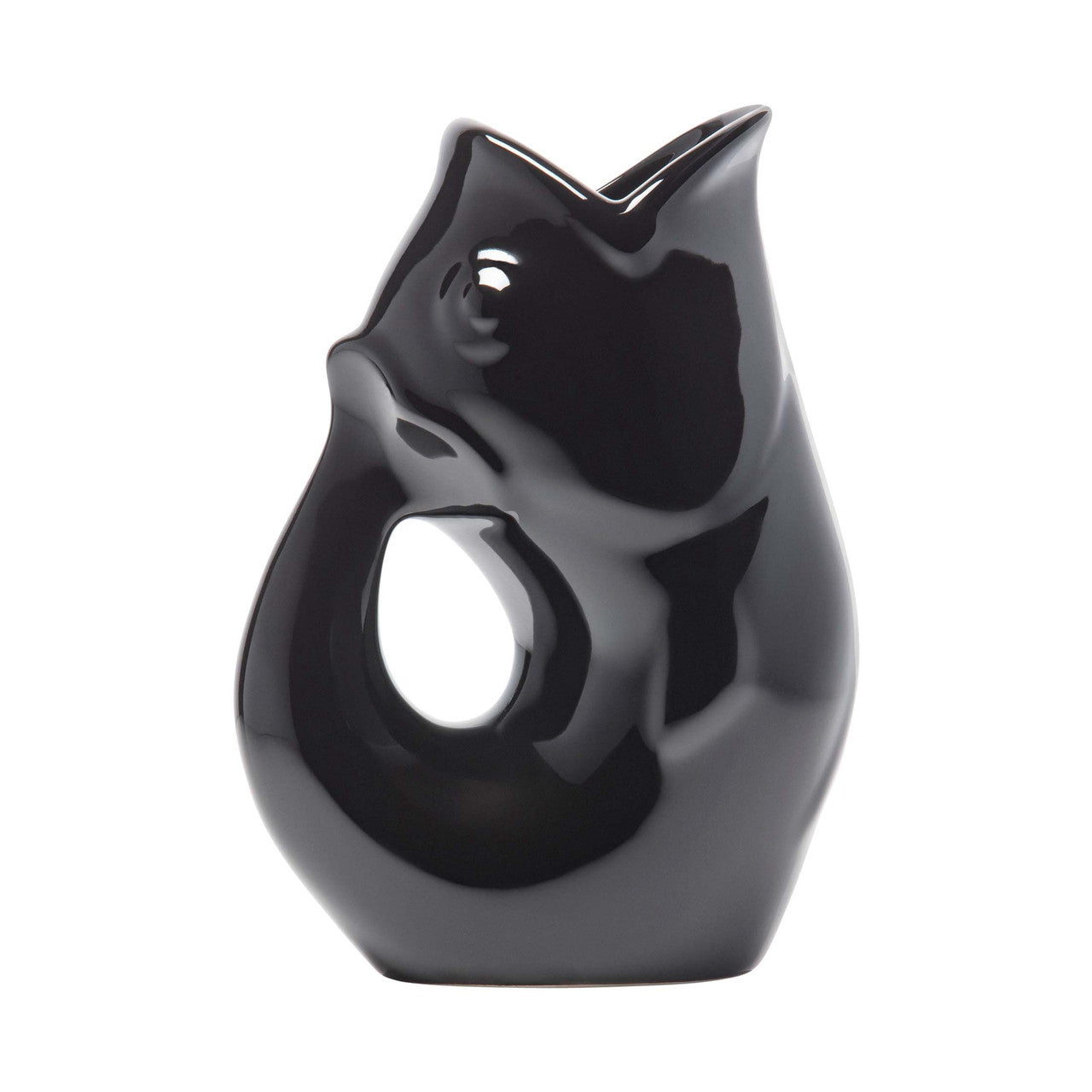 A small black ceramic fish-shaped creamer pitcher with a gurgle feature, suitable for serving creamer, syrup, or as a bud vase.