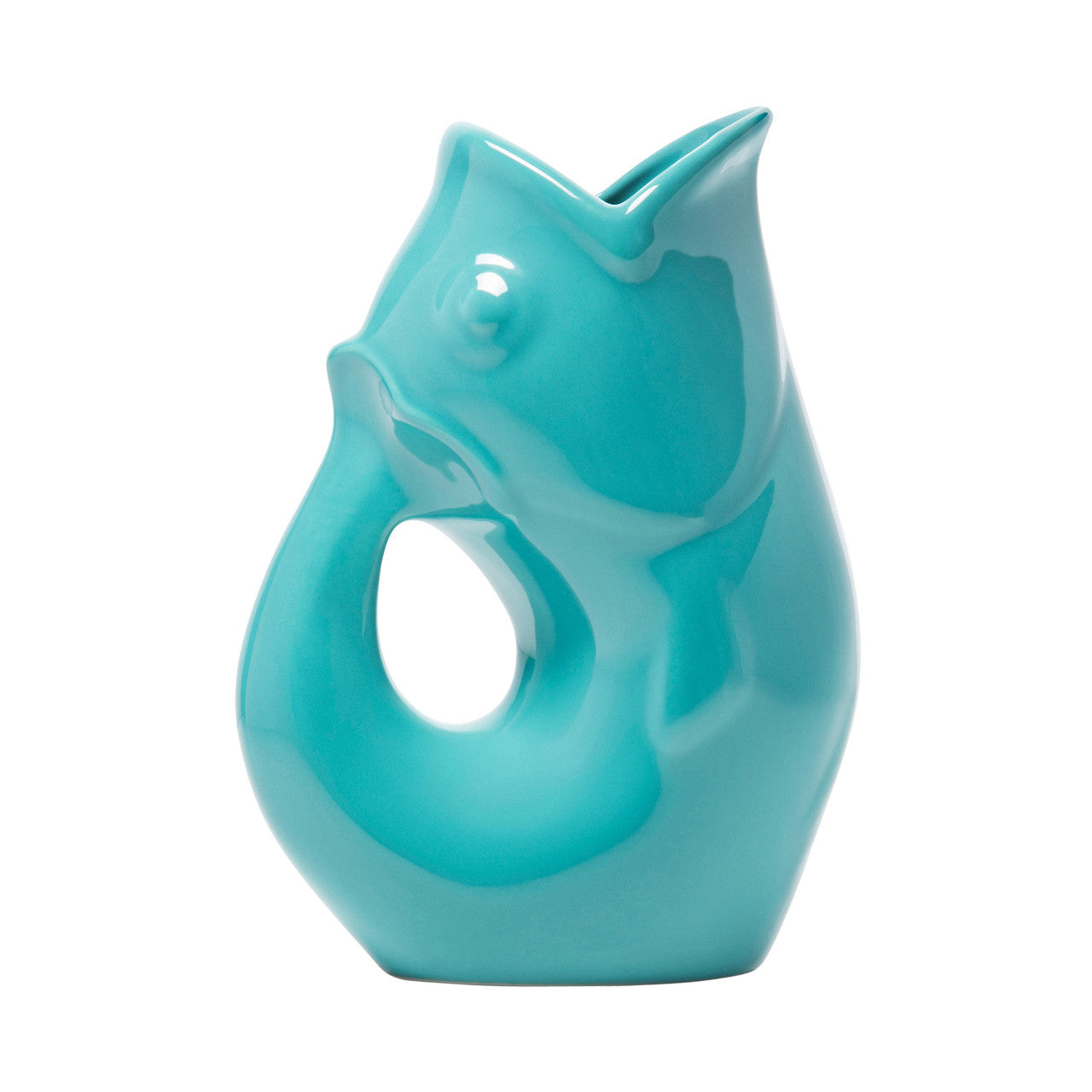 A turquoise ceramic GurglePot Pitcher designed to produce a gurbling sound when used.