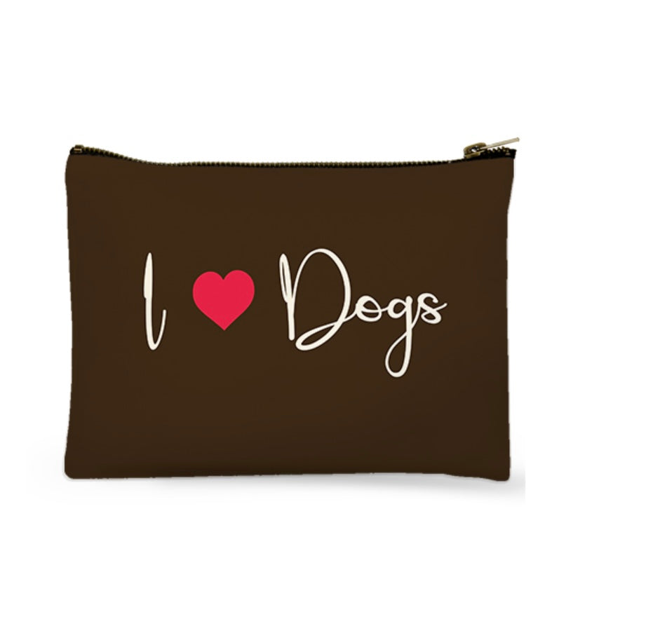 Brown pouch with 'I ❤️ Dogs' text on a white background