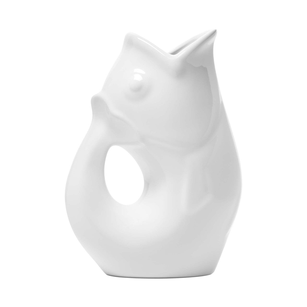 A small white ceramic fish-shaped creamer pitcher with a gurgle feature, suitable for serving creamer, syrup, or as a bud vase.