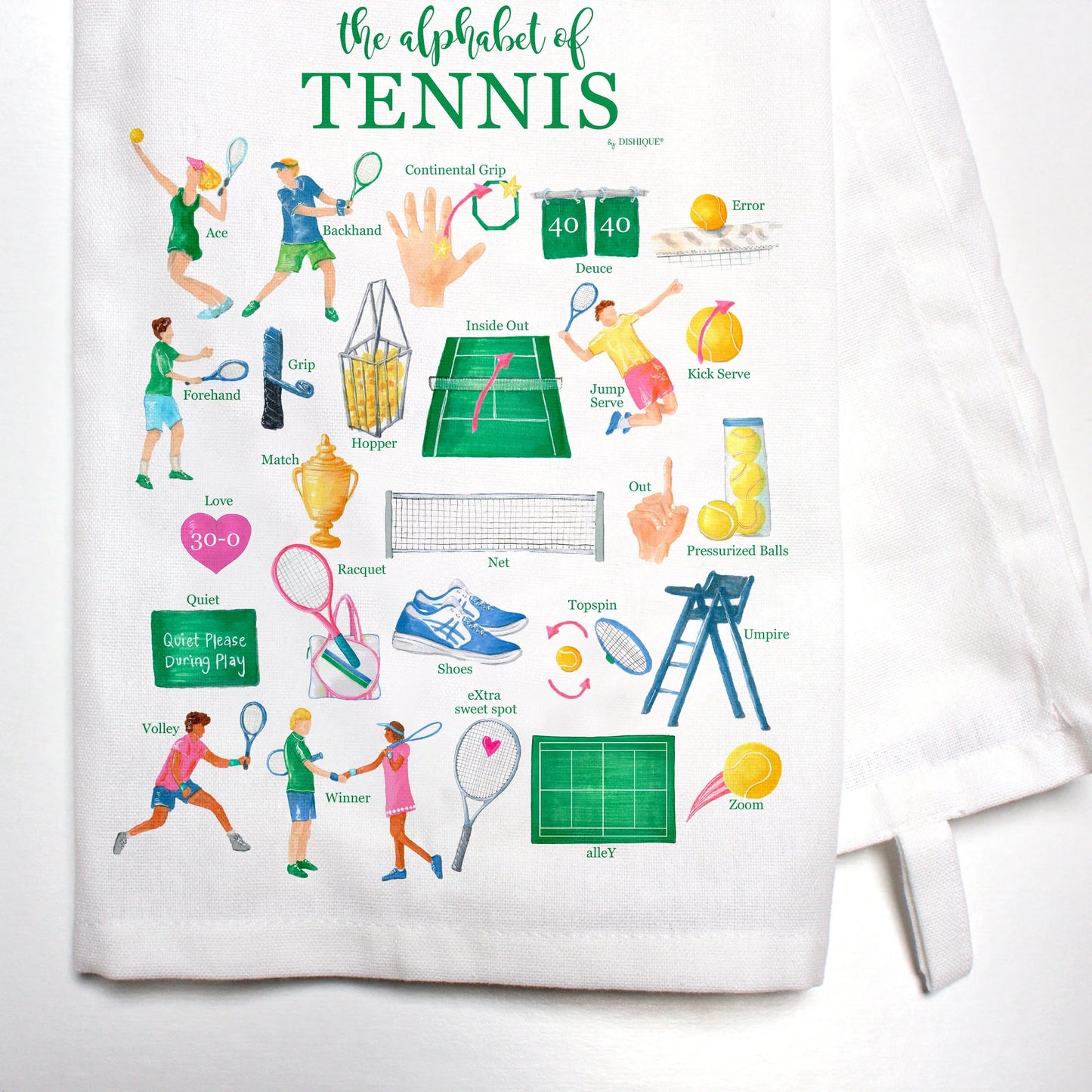 A white cotton kitchen towel with colorful tennis-themed illustrations and text that reads 'the alphabet of TENNIS'.