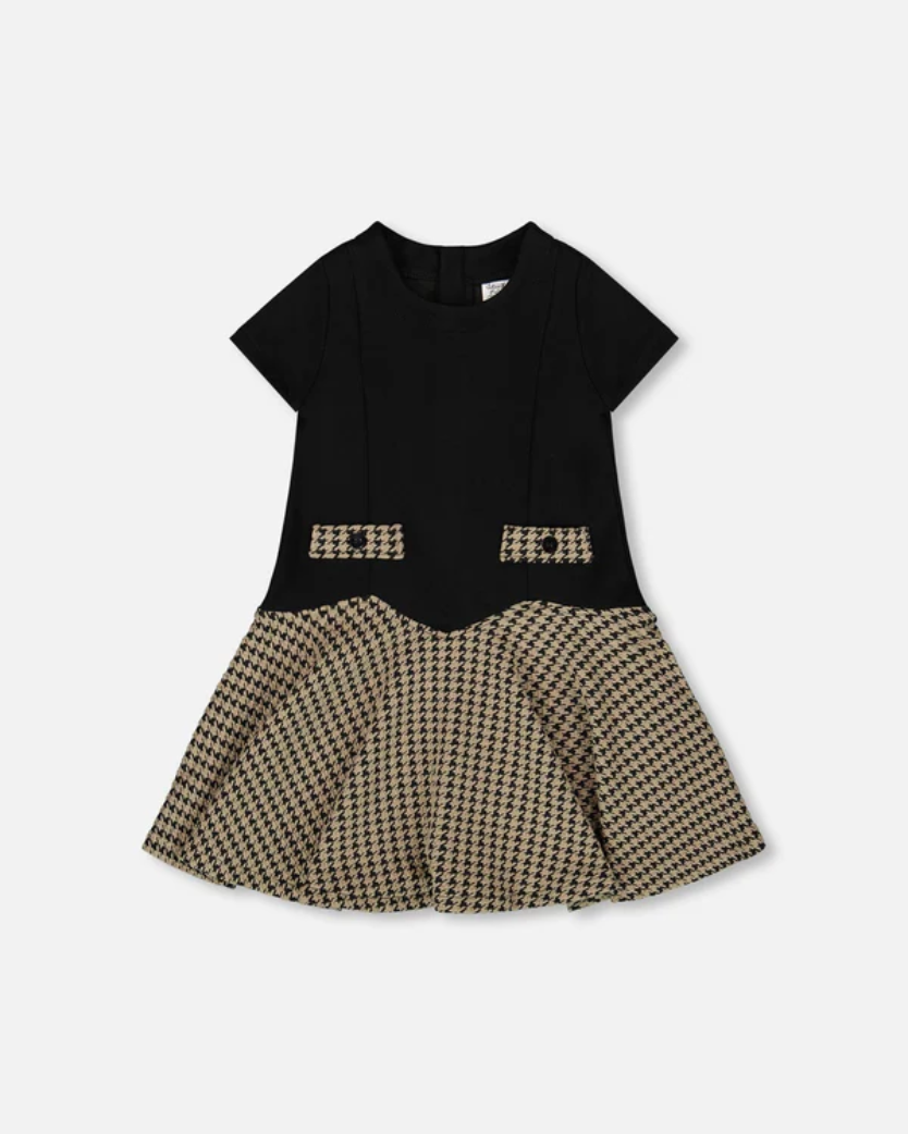Deux Par Deux Short Sleeve Bi-Material Milano And Jacquard Knit Dress Black Sz 2